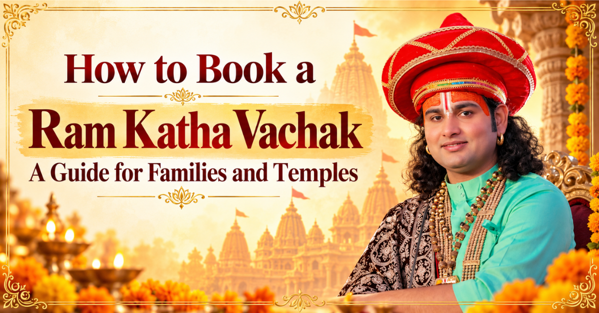Ram Katha vachak narrating Ramkatha from the Ramcharitmanas at a temple programme