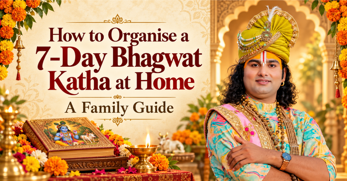 Family hosting a 7-day Bhagwat Katha at home with the vyas peeth and akhand deep set up